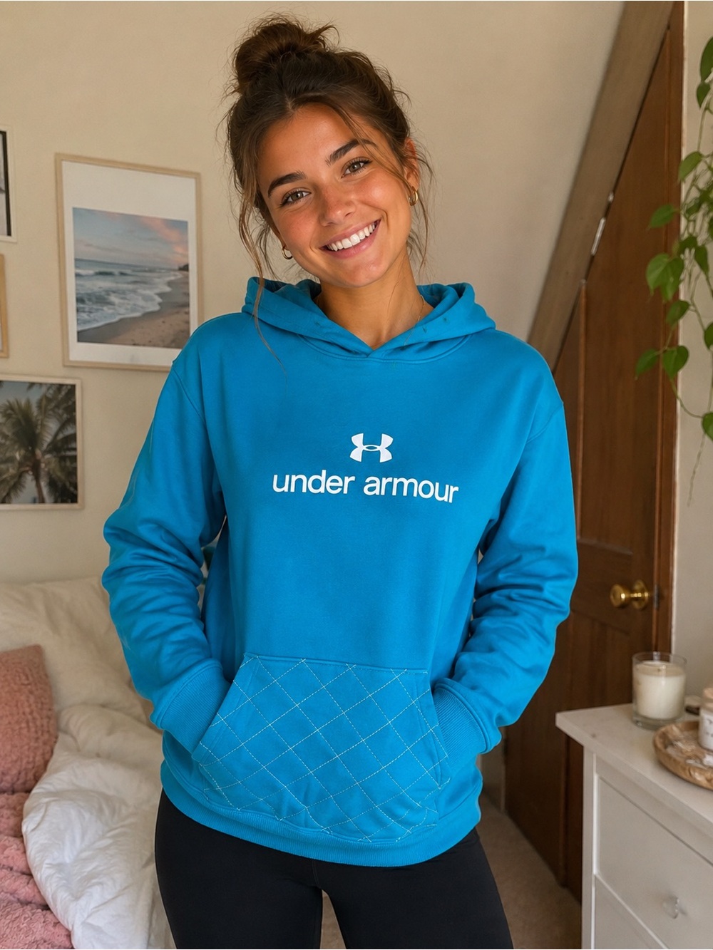 Under Armour Women's Rival Fleece Hoodie Quilted Front Pocket Teal Pink L